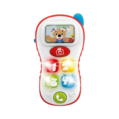 Telefone de brinquedo colorido com números e imagem de cão no ecrã
