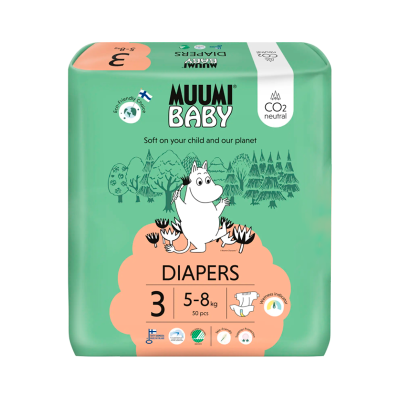 Pacote verde de fraldas MUUMI BABY com personagem branco e texto sobre fraldas tamanho 3 para 5-8 kg