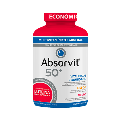 Frasco de multivitamínico Absorvit 50+ com rótulo em português e tampa vermelha.