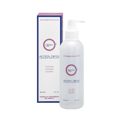 Frasco de loção capilar iooX com caixa branca e roxa