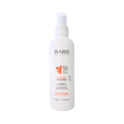 Frasco branco de spray de proteção solar pediátrica BABE SPF 50