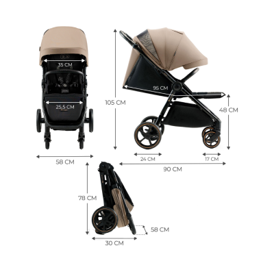 Carrinho de bebé bege e preto com dimensões indicadas em vista frontal, lateral e dobrada.