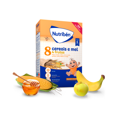 Pacote de cereais Nutriben com milho, banana, maçã e mel ao lado