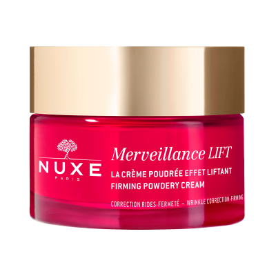 Frasco vermelho de creme Nuxe Merveillance Lift com tampa dourada