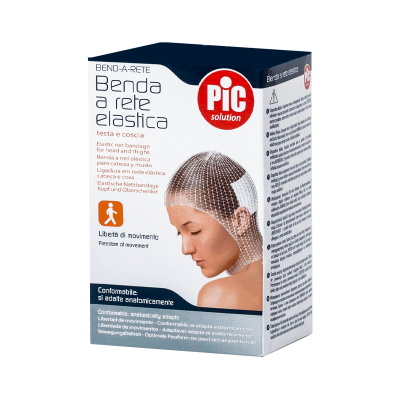 Embalagem branca e azul de venda elástica para cabeça e coxas da PIC solution com imagem de mulher usando rede elástica na cabeça