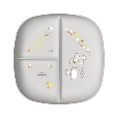 Prato infantil dividido cinza com desenhos coloridos e texto chicco