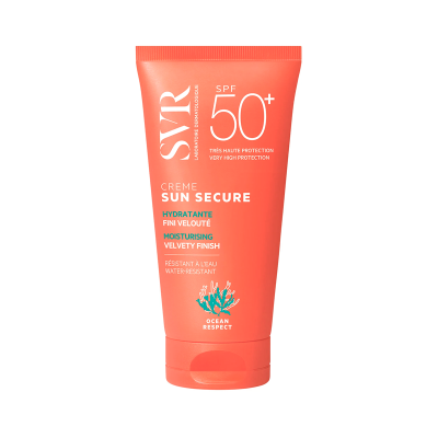 Frasco laranja de creme protetor solar SVR Sun Secure SPF 50+