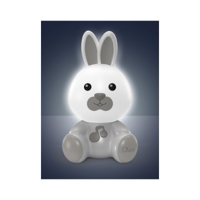 Lâmpada infantil em forma de coelho branco e cinzento com símbolo de notas musicais