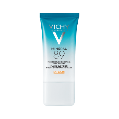 Frasco azul e branco de hidratante facial Vichy Minéral 89 com proteção SPF 50+