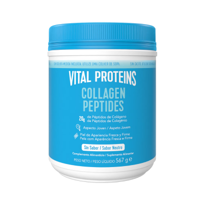 Pote azul e branco de suplemento alimentar Vital Proteins Collagen Peptides com descrição em português e espanhol.