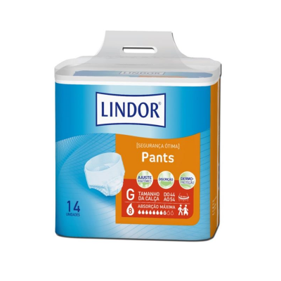 Pacote de fraldas Lindor Pants tamanho G com 14 unidades em embalagem azul e laranja