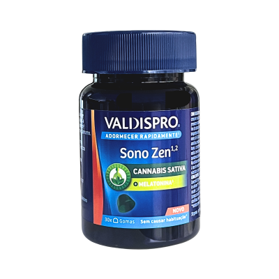 Frasco de gomas VALDISPRO Sono Zen com tampa azul e rótulo azul com texto sobre Cannabis Sativa e Melatonina