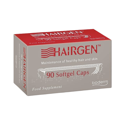 Embalaem de suplemento alimentar HAIRGEN com 90 cápsulas de gel macio para cabelo e pele