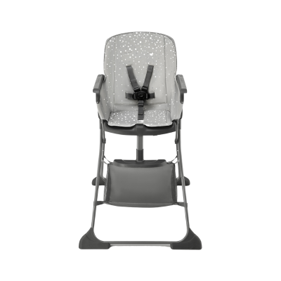 Cadeira alta para bebé cinzenta com padrão de pontos brancos e arnês de segurança preto