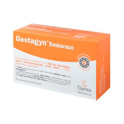 Embalagem do suplemento Gestagyn Embarazo laranja e branco