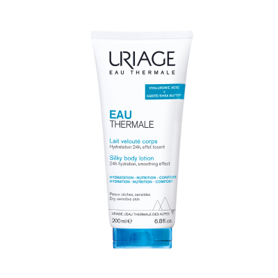 Loção corporal Uriage Eau Thermale em tubo branco com tampa azul