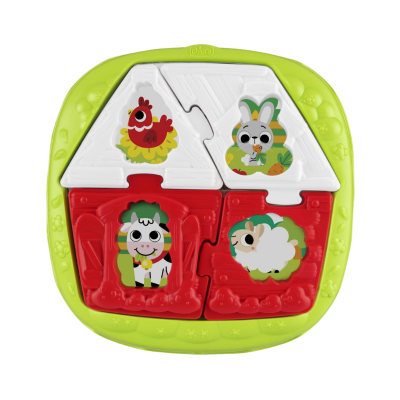 Jogo puzzle infantil com animais coloridos, base verde, peças vermelhas e brancas