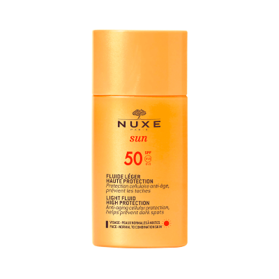 Frasco laranja de fluido solar NUXE Sun SPF 50