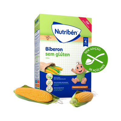 Produto Nutribén Biberon sem glúten com milho natural e selo sem adição de açúcares.