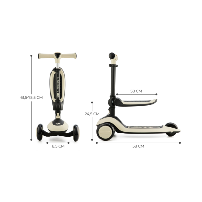 Trotinete infantil preto e bege com medidas e texto KINDERKRAFT.