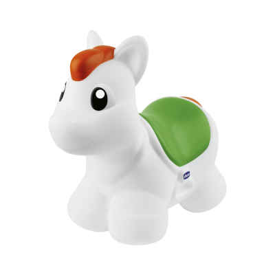 Brinquedo cavalo branco com crina laranja e sela verde
