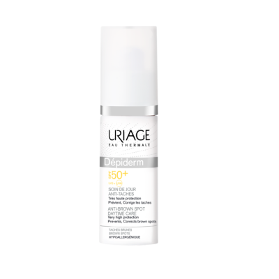 Frasco branco de produto URIAGE com tampa branca, indicação FPS 50+, anti-manchas e cuidado diário.
