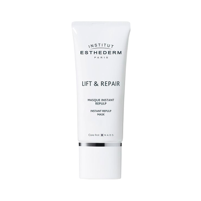 Tubo cosmético branco com texto preto da marca Institut Esthederm para Lift & Repair