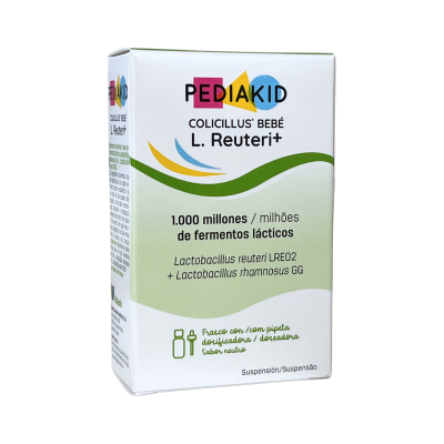 caixa de suplemento alimentar PEDIKID Colicillus bebé L Reuteri com texto sobre fermentos lácticos