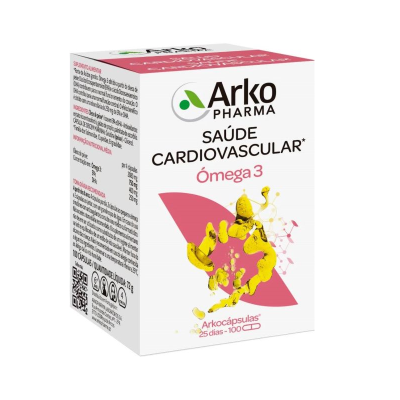 Embalagem branca de Arko Pharma Saúde Cardiovascular Ómega 3 com cápsulas amarelas ilustradas