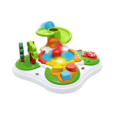 Brinquedo plástico infantil colorido com bolas, formas geométricas e luz acesa