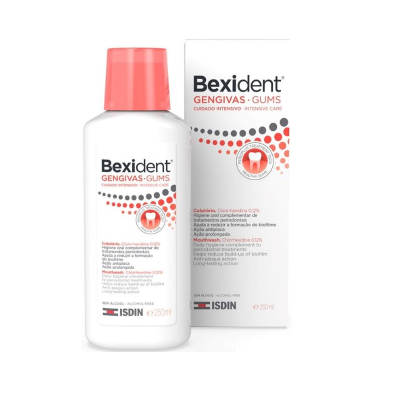 Frasco e embalagem de Bexident Gengivas-Gums de 250 ml com tampa rosa