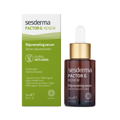 Serum Sesderma FACTOR G RENEW em frasco de vidro castanho com conta-gotas dourado e caixa branca e verde