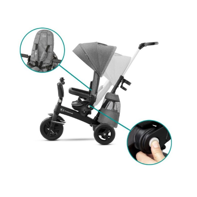 Triciclo infantil cinza com capota, cinto de segurança e cesto traseiro.