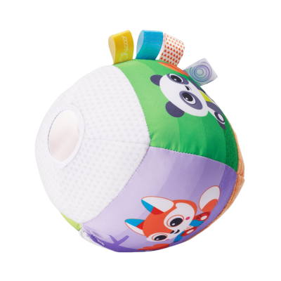 Bola de brinquedo colorida para bebé com urso panda e raposa, várias texturas e fitas coloridas.