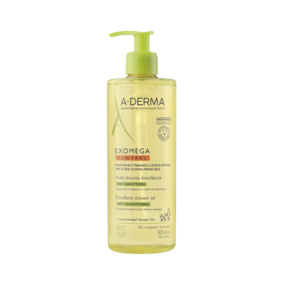 Frasco amarelo de óleo de duche emoliente A-DERMA com doseador verde lime