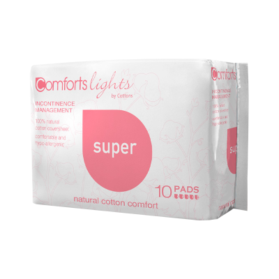 Pacote branco e rosa de 10 pensos higiénicos Comforts Lights super com algodão natural