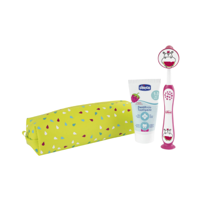 Conjunto higiene oral infantil Chicco com escova elétrica rosa, pasta dentífrica de morango e necessaire amarela com padrão de gotas