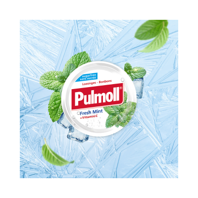 Embalagem branca redonda de pastilhas Pulmoll Fresh Mint com folhas de menta e gelo