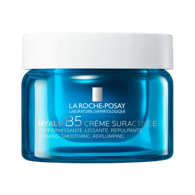 Frasco azul de creme facial La Roche-Posay com tampa branca.