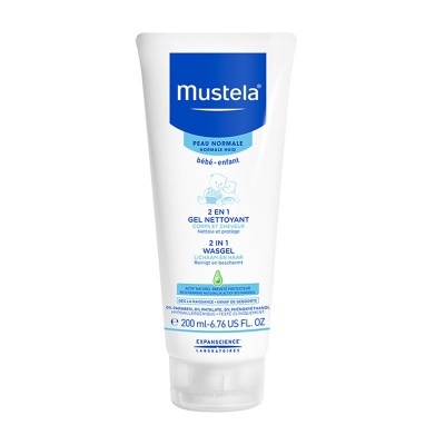 Frasco branco de gel Mustela 2 em 1 para bebé com texto azul e preto