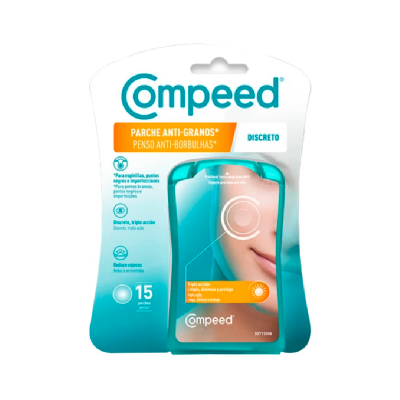 Embalagem de parchamentos anti-granos Compeed azul e branca com rosto feminino