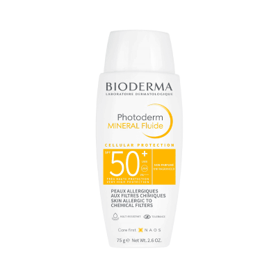 Frasco branco de protetor solar Bioderma Photoderm Mineral Fluide SPF 50+