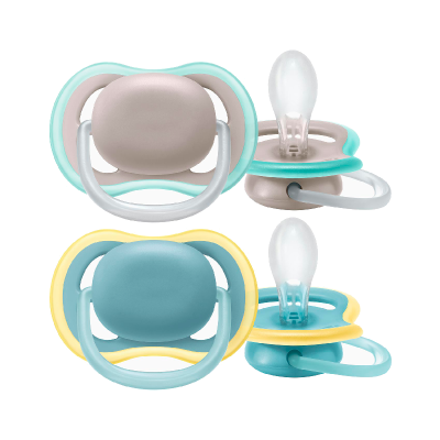 Conjunto de quatro chupetas para bebé em silicone com cores cinza, azul turquesa, amarelo e azul