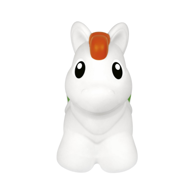 Boneco de plástico branco em forma de cavalo com cabelo castanho-avermelhado e olhos grandes pretos