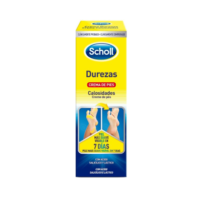 Embalagem amarela e azul de creme para pés Scholl Durezas