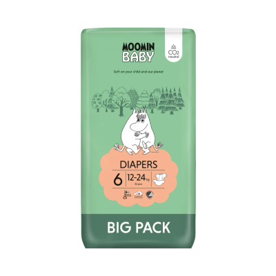 Pacote verde de fraldas Moomin Baby com personagem Moomin e texto BIG PACK