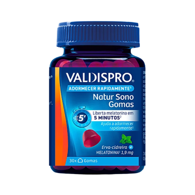 Frasco azul de VALDISPRO Natur Sono Gomas com tampa azul e texto azul e laranja