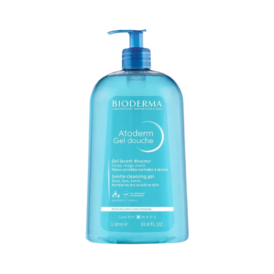 Frasco azul translúcido de gel de banho Bioderma Atoderm com doseador