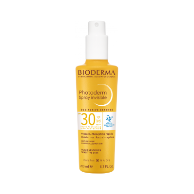 Frasco amarelo de spray invisível Bioderma Photoderm SPF 30