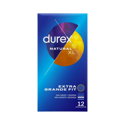 Caixa azul Durex Natural XL com texto branco e amarelo e indicação de 12 preservativos extra grande